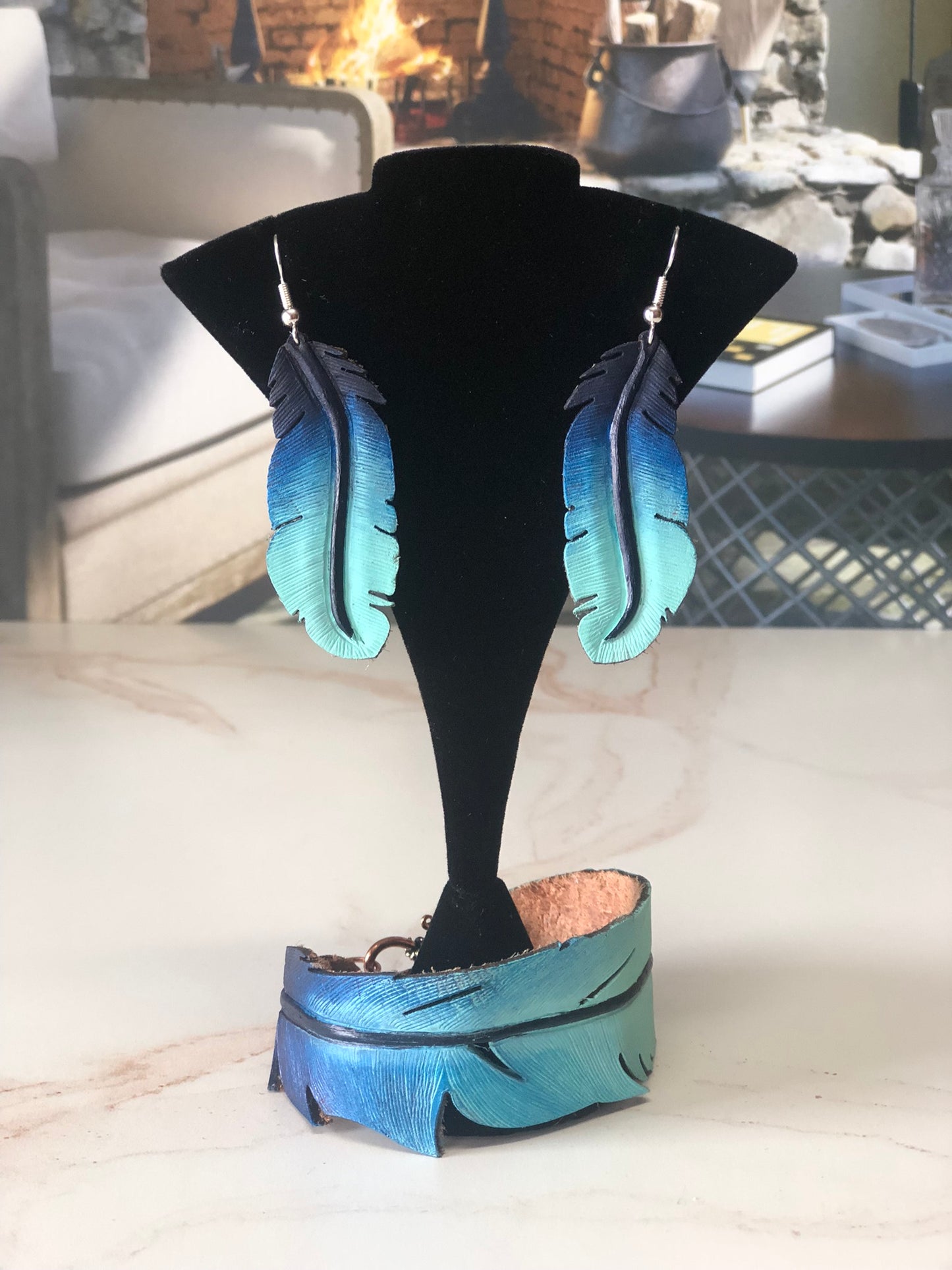 Western Leather Feather Accessories in Navy Blue Earrings | Cool Earrings, bracelets and keychain for Festivals