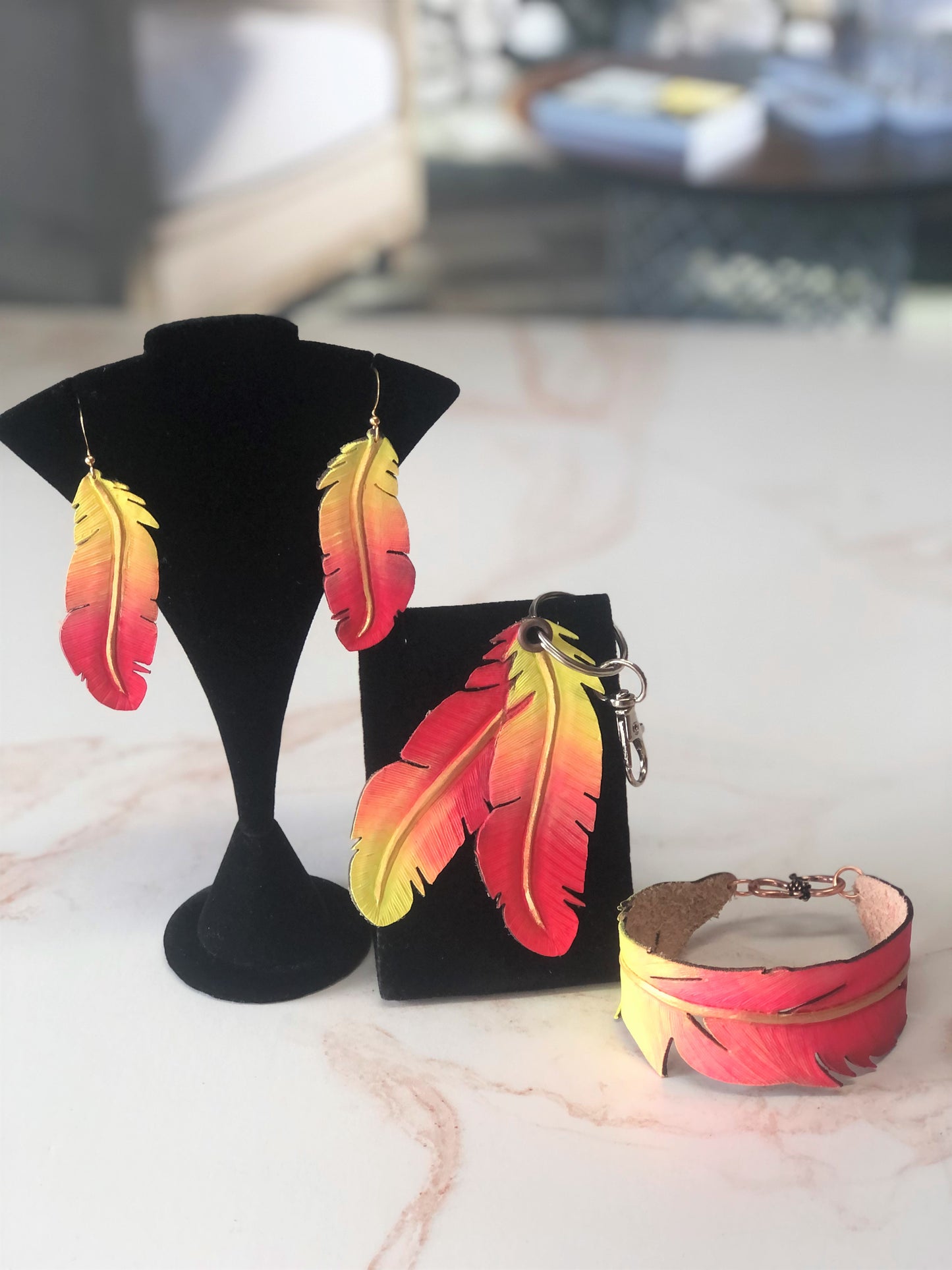 Cowgirl Boots Accessories | Painted Yellow/Hot Pink Western Leather | Cowgirl Bachelorette Earrings, bracelet and keychain