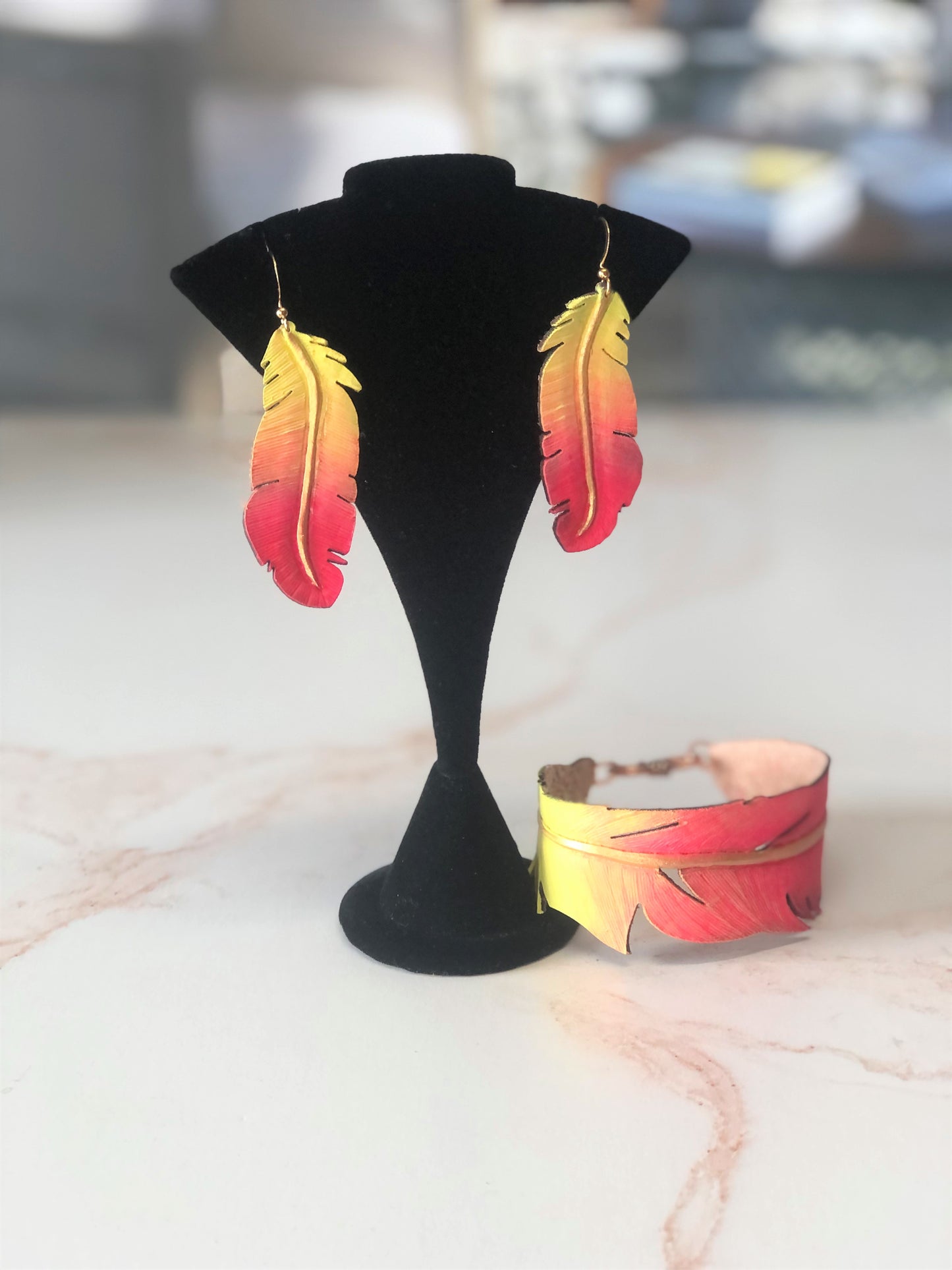 Cowgirl Boots Accessories | Painted Yellow/Hot Pink Western Leather | Cowgirl Bachelorette Earrings, bracelet and keychain