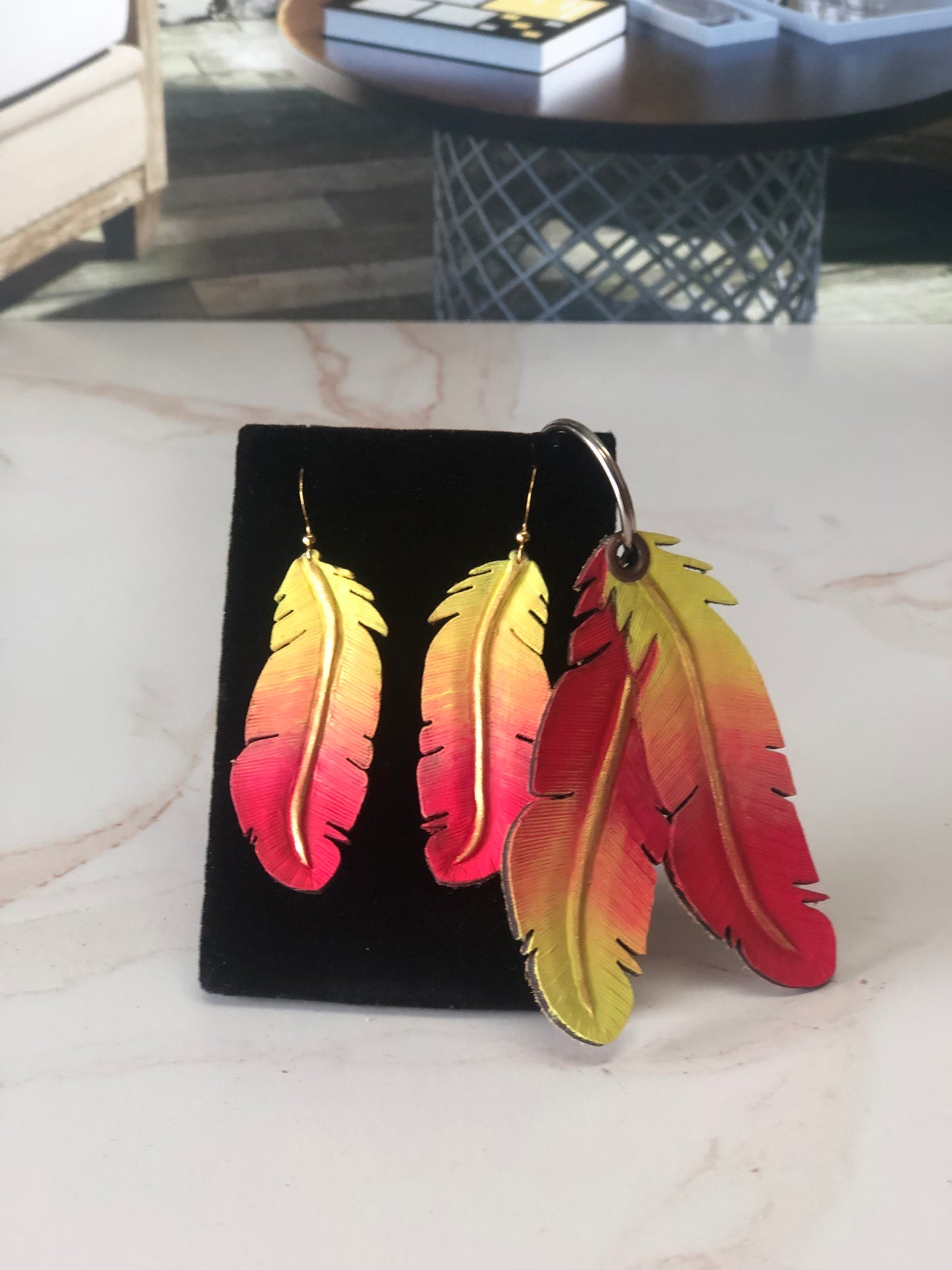 Cowgirl Boots Accessories | Painted Yellow/Hot Pink Western Leather | Cowgirl Bachelorette Earrings, bracelet and keychain