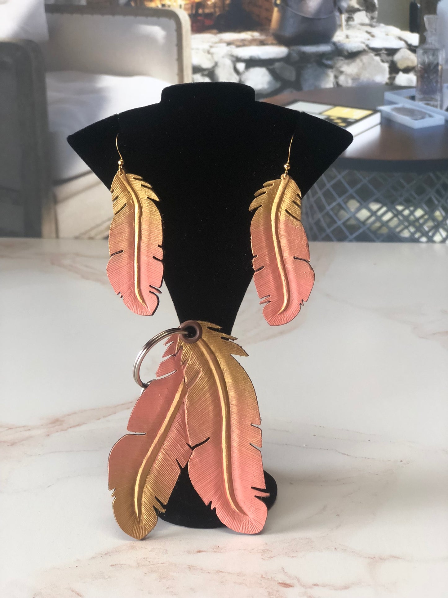 Cowgirl Boots Accessories | Painted Gold/Salmon Western Leather | Cowgirl Bachelorette Earrings, bracelet and keychain