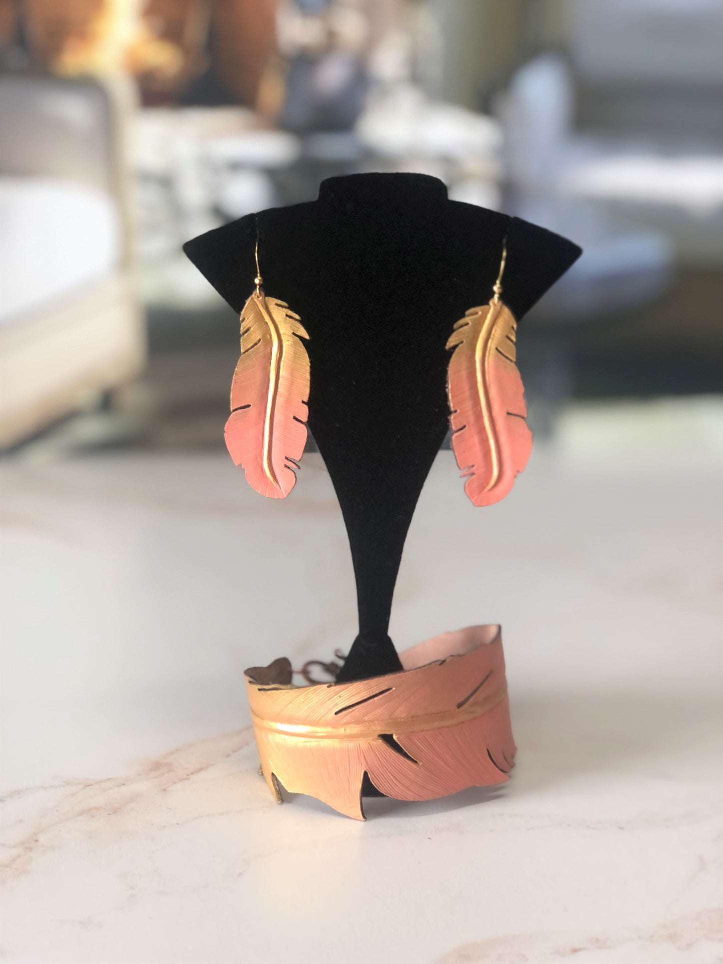 Cowgirl Boots Accessories | Painted Gold/Salmon Western Leather | Cowgirl Bachelorette Earrings, bracelet and keychain