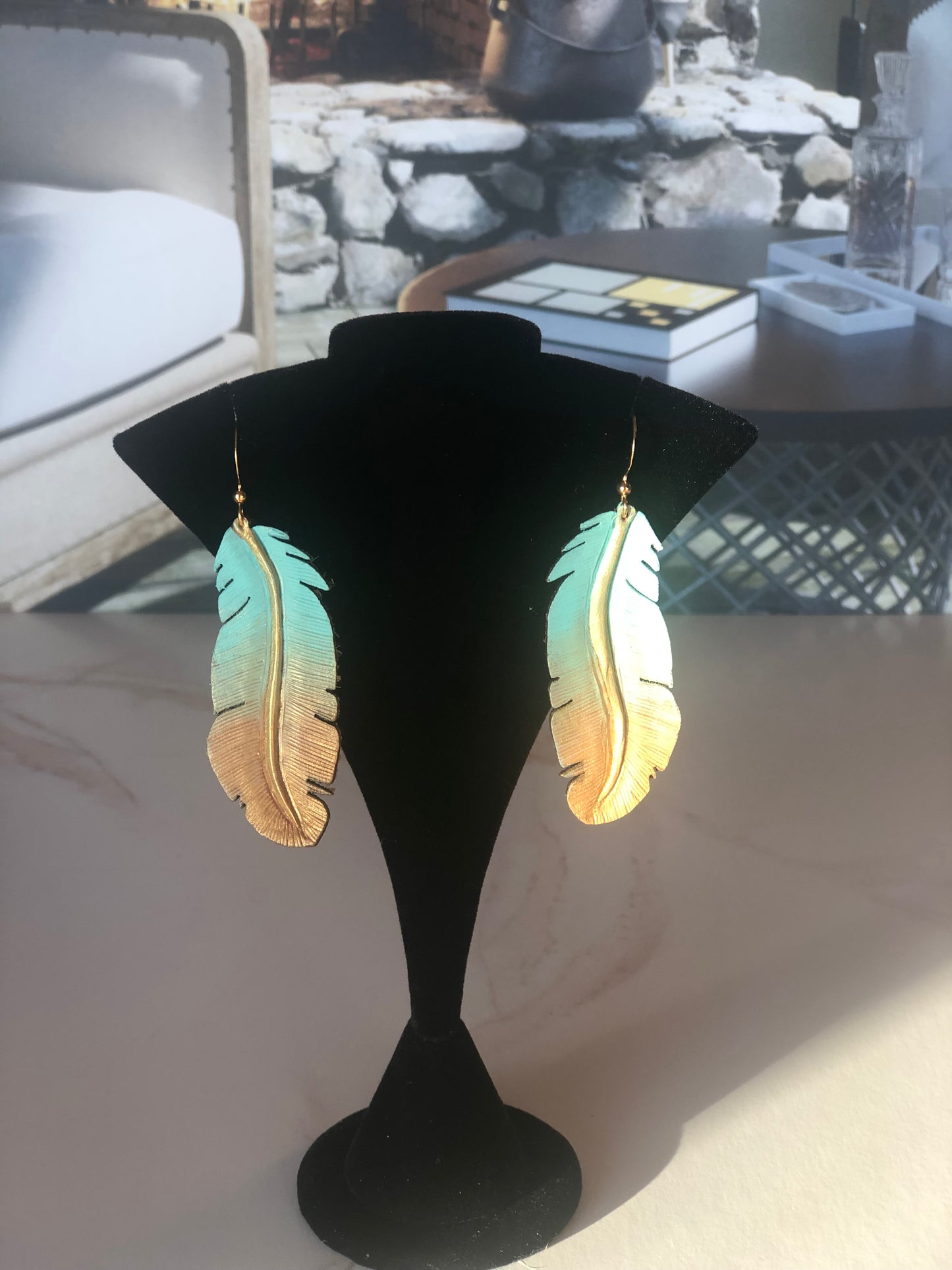 Western Leather Feather Earrings in Light Blue, Cool Earrings for Festivals, Carved Feather, Western Jewelry, Gold Earring, Western Bracelet
