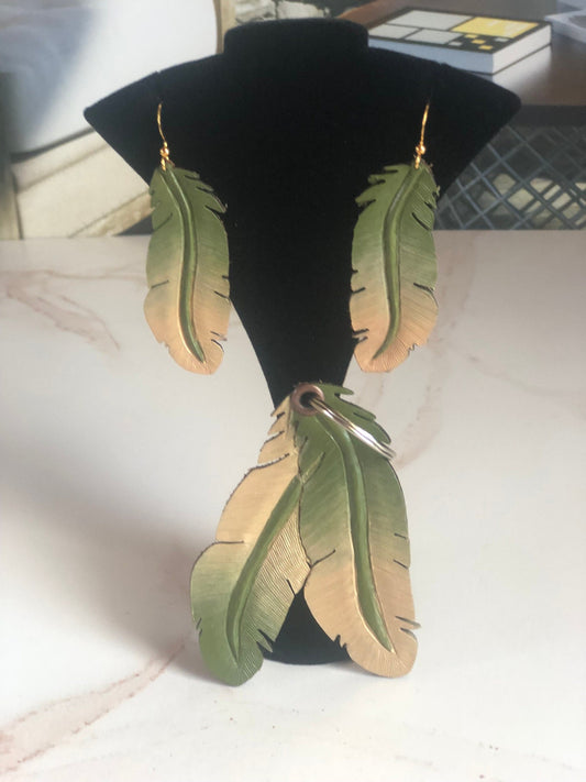 Western Leather Feather Earrings in Green | Cool Earrings for Festivals | Western Jewelry | Beige Earrings | Western Bracelet
