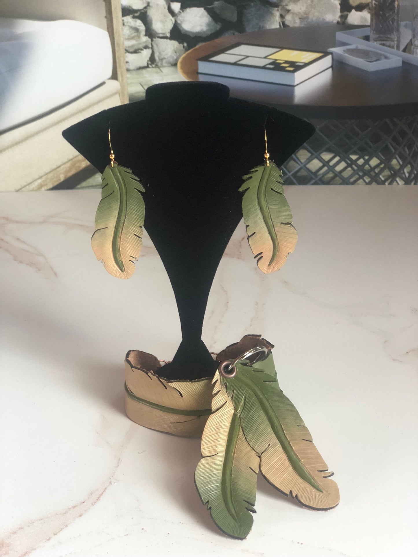 Western Leather Feather Earrings in Green | Cool Earrings for Festivals | Western Jewelry | Beige Earrings | Western Bracelet