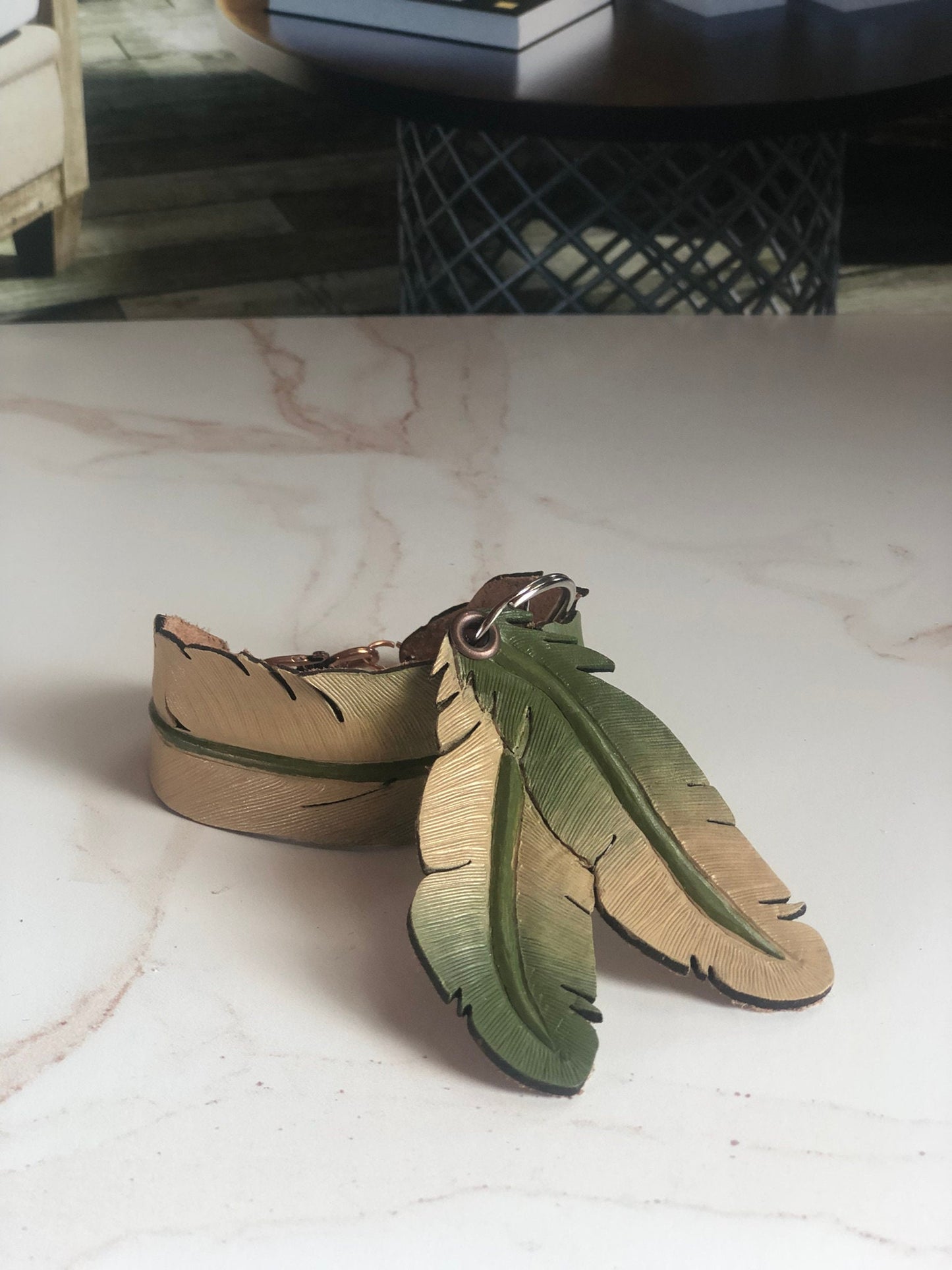 Western Leather Feather Earrings in Green | Cool Earrings for Festivals | Western Jewelry | Beige Earrings | Western Bracelet