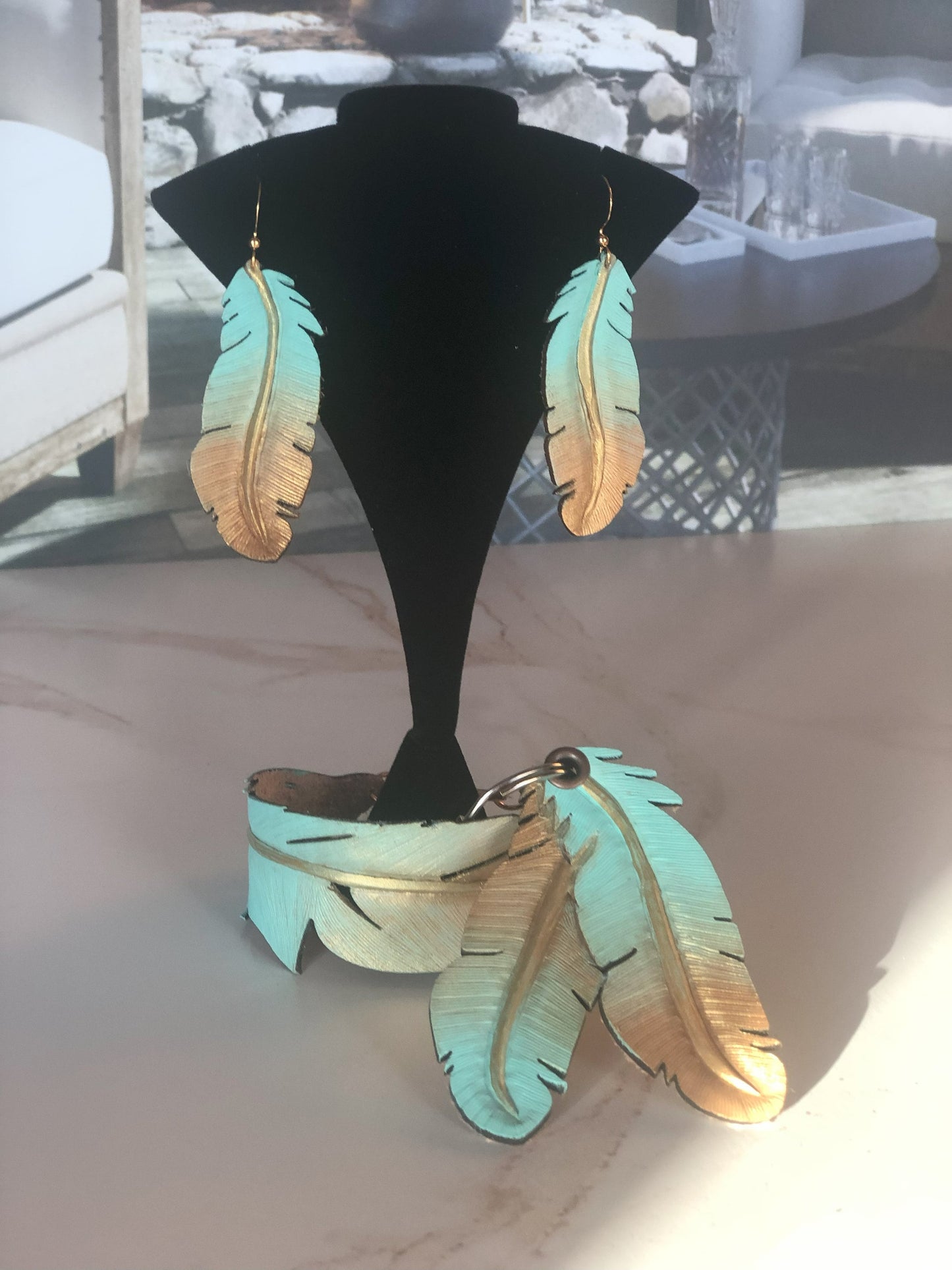 Western Leather Feather Earrings in Light Blue, Cool Earrings for Festivals, Carved Feather, Western Jewelry, Gold Earring, Western Bracelet
