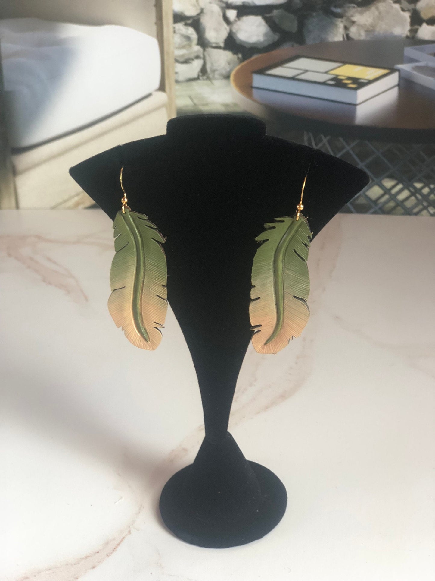 Western Leather Feather Earrings in Green | Cool Earrings for Festivals | Western Jewelry | Beige Earrings | Western Bracelet