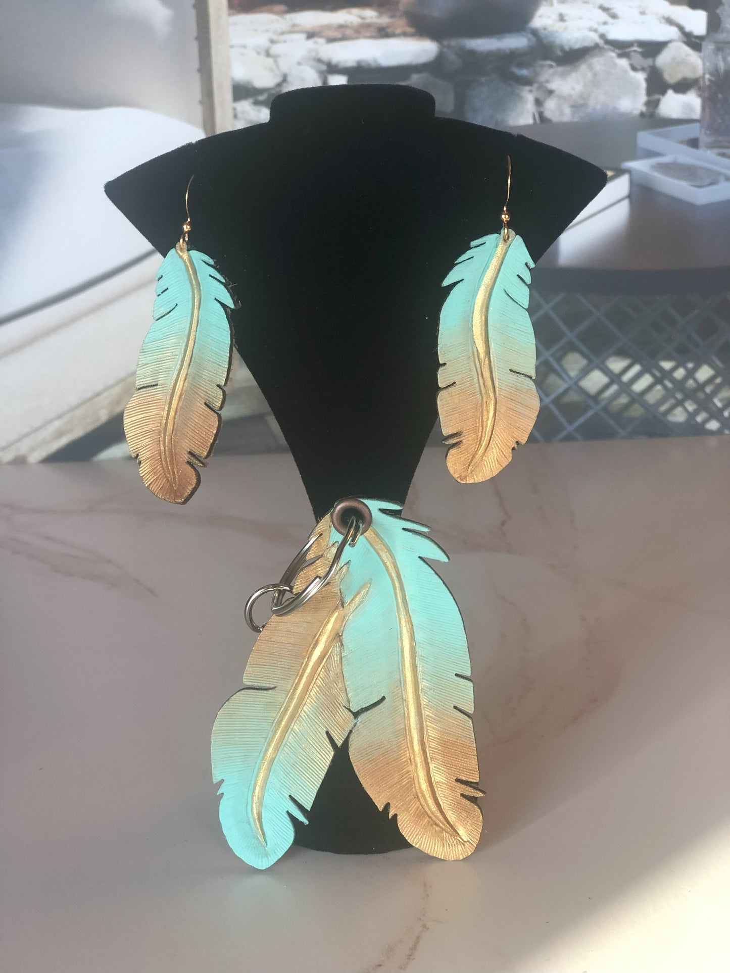 Western Leather Feather Earrings in Light Blue, Cool Earrings for Festivals, Carved Feather, Western Jewelry, Gold Earring, Western Bracelet