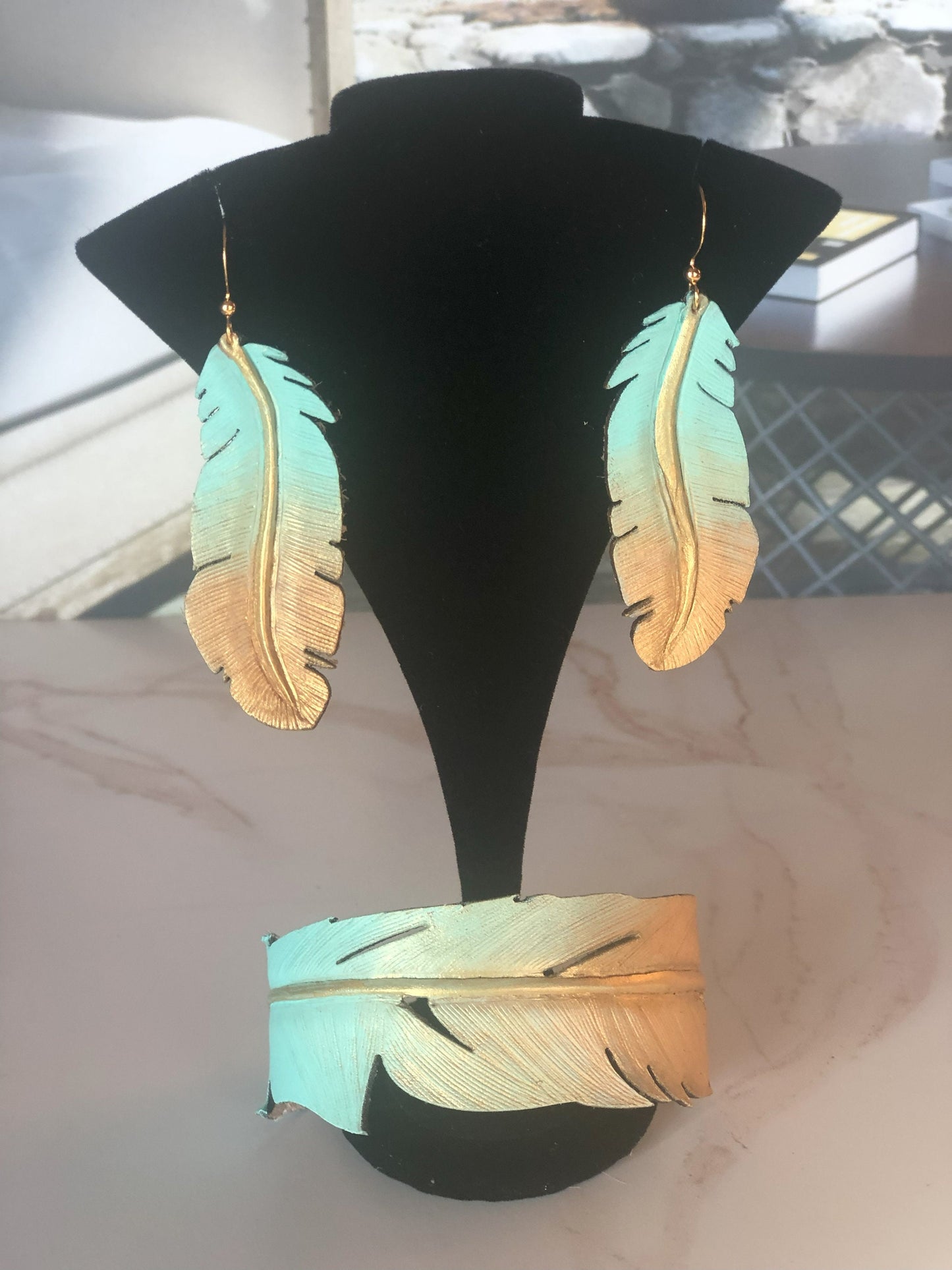Western Leather Feather Earrings in Light Blue, Cool Earrings for Festivals, Carved Feather, Western Jewelry, Gold Earring, Western Bracelet