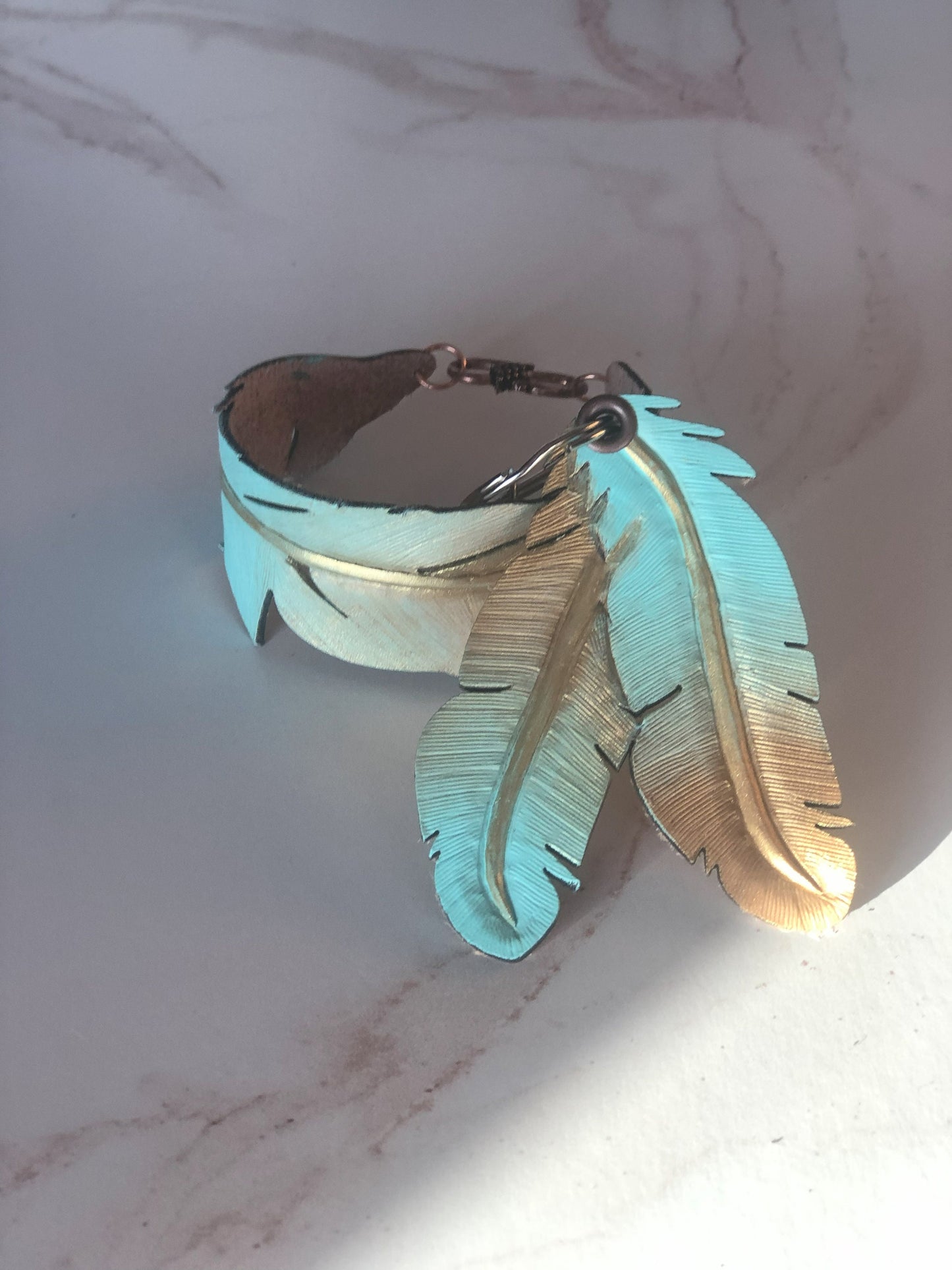 Western Leather Feather Earrings in Light Blue, Cool Earrings for Festivals, Carved Feather, Western Jewelry, Gold Earring, Western Bracelet