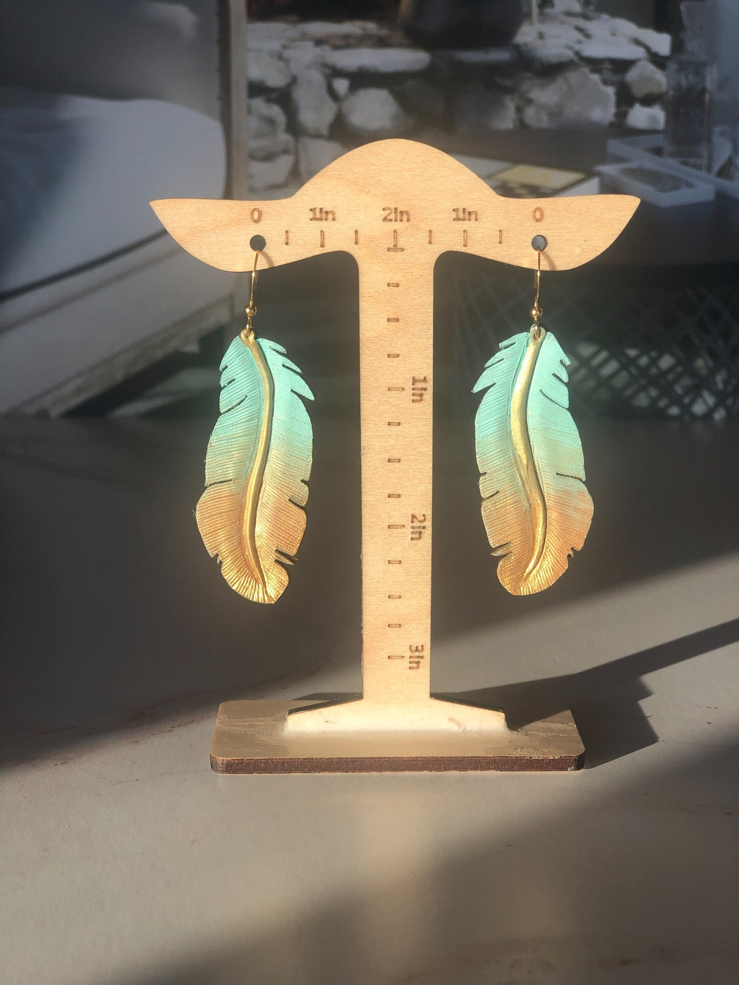 Western Leather Feather Earrings in Light Blue, Cool Earrings for Festivals, Carved Feather, Western Jewelry, Gold Earring, Western Bracelet