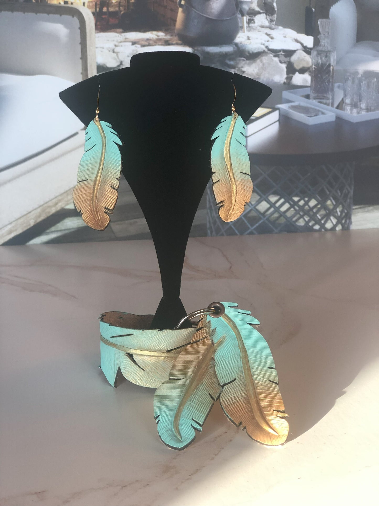 Western Leather Feather Earrings in Light Blue, Cool Earrings for Festivals, Carved Feather, Western Jewelry, Gold Earring, Western Bracelet