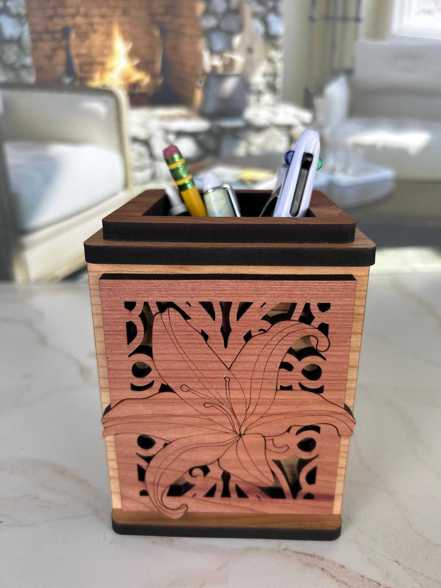 Nature Business Card Holder, Desk Decor, Wood Desk Organizer, Pen Organizer, Office Desk Accessories, Card Holder for Desk, Cubicle Decor