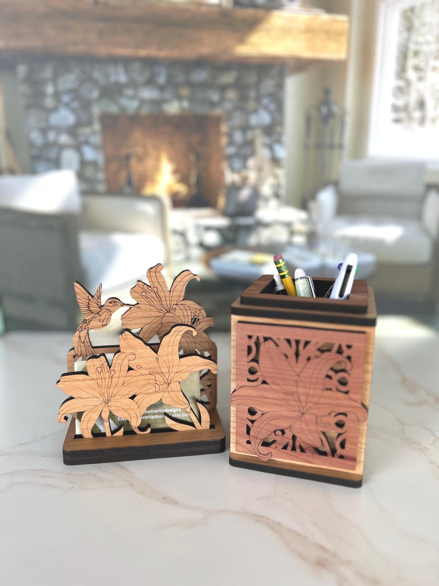 Nature Business Card Holder, Desk Decor, Wood Desk Organizer, Pen Organizer, Office Desk Accessories, Card Holder for Desk, Cubicle Decor