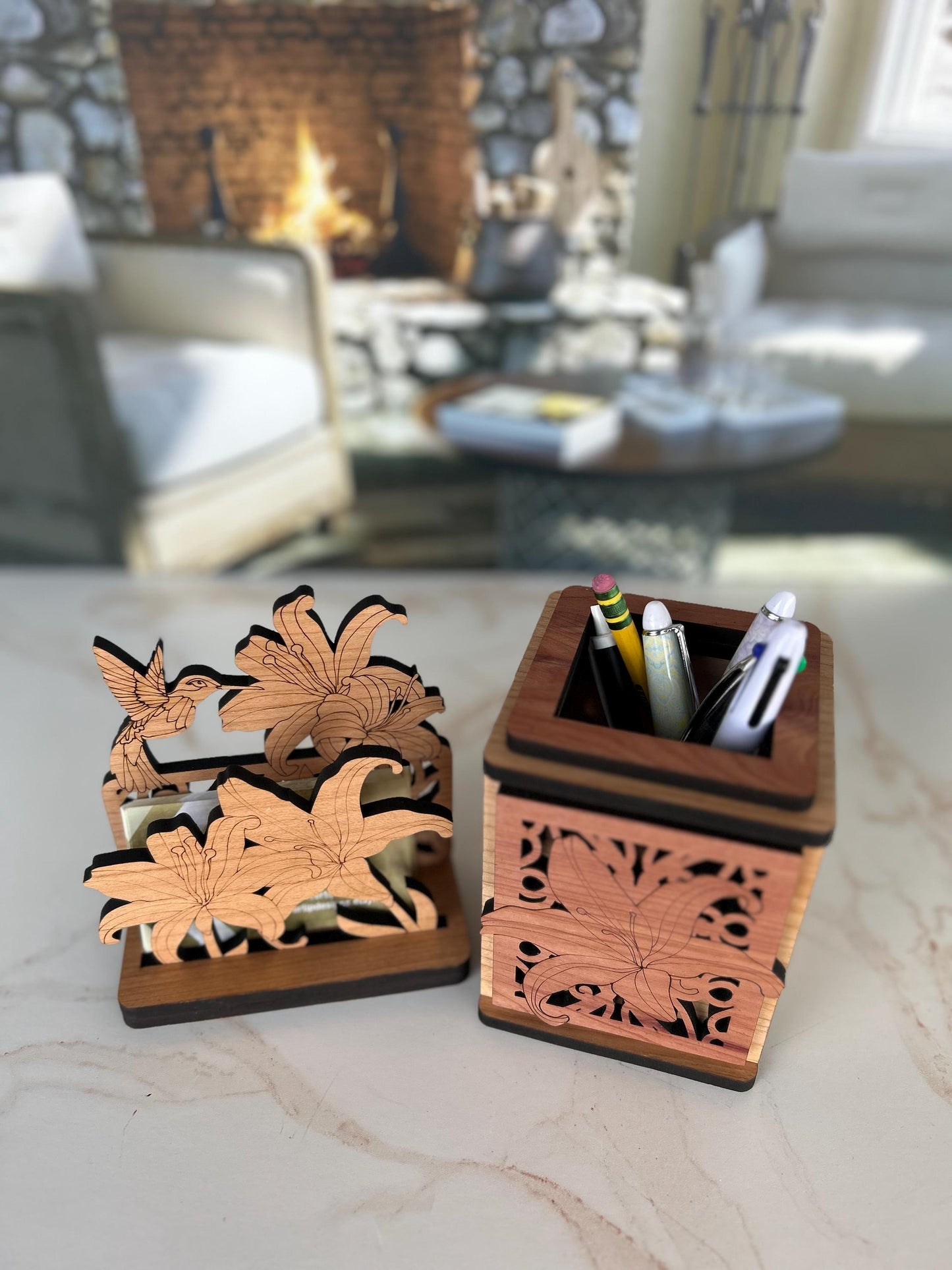 Nature Business Card Holder, Desk Decor, Wood Desk Organizer, Pen Organizer, Office Desk Accessories, Card Holder for Desk, Cubicle Decor