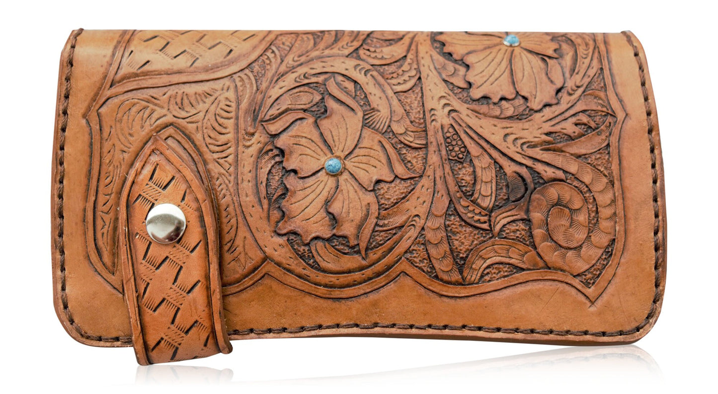 Hand Tooled Leather Wallet | Genuine Cowhide Wallet | Handmade Leather wallet, Hand Stitched in Blue | Women's Wallet