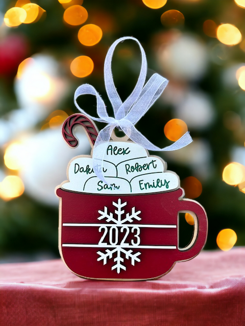 Hot cocoa with marshmallows ornament | Personalized Christmas Ornament | Favorite 2023 Christmas Ornament | 1-11 Names