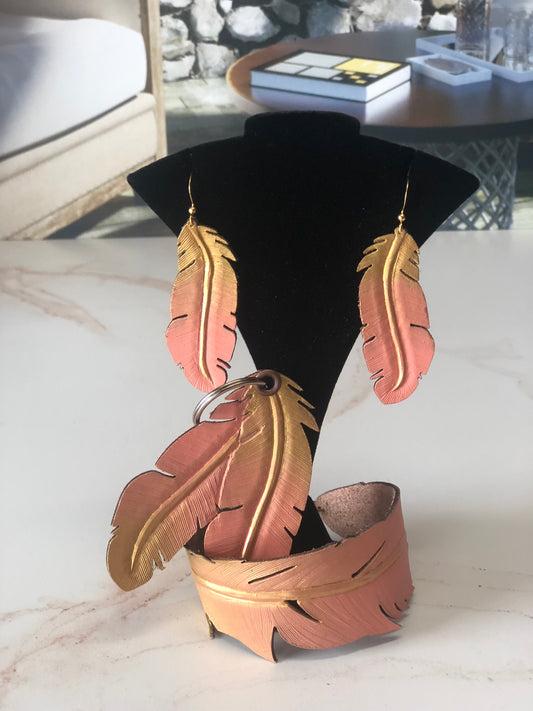 Cowgirl Boots Accessories | Painted Gold/Salmon Western Leather | Cowgirl Bachelorette Earrings, bracelet and keychain