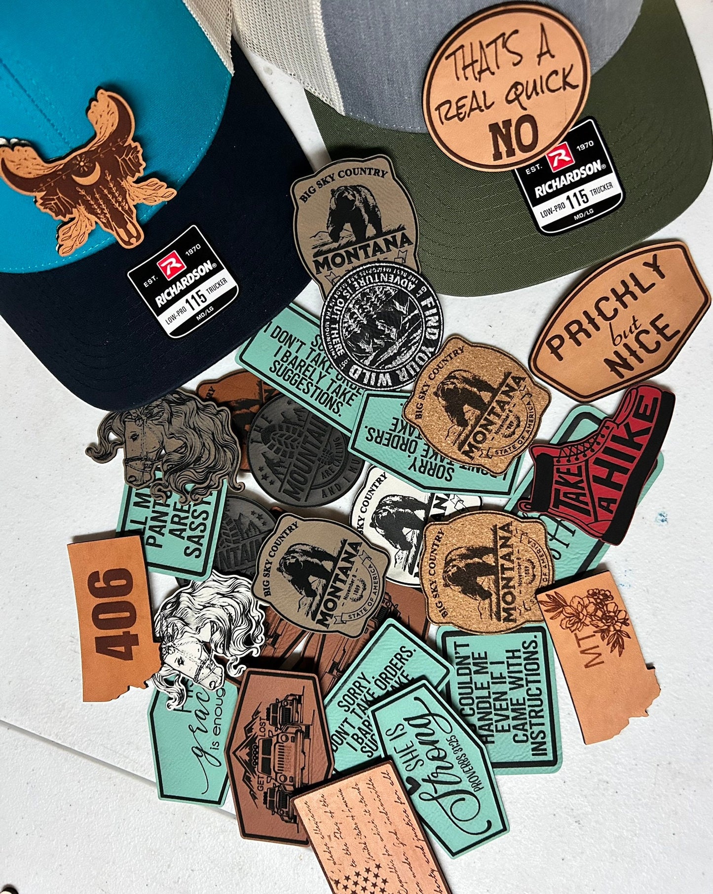 Hats with Custom Leather Patch | Veg Tan Genuine Leather Patch | Richardson Trucker Hat with Leatherette or Leather Patch