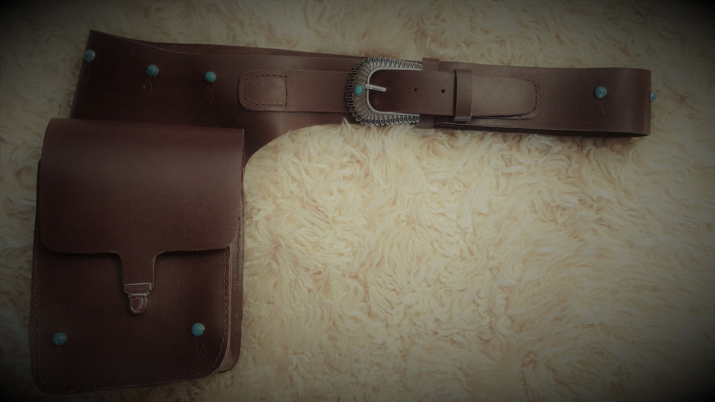 Genuine Leather Made to order holster and purse belt - Western Bag - Genuine Leather Bag with Turquoise Accents - Hips Saddle Leather Bag