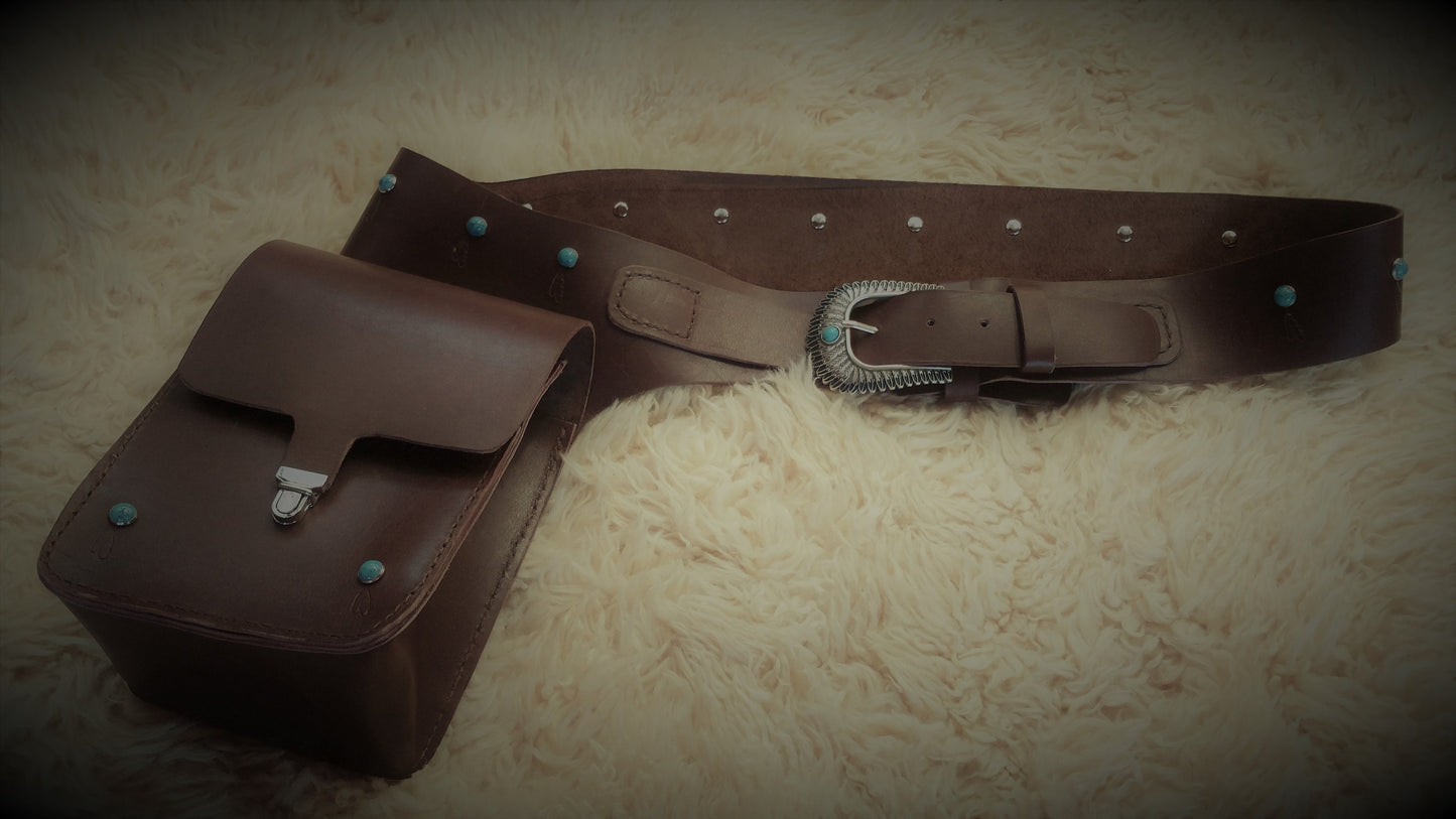 Genuine Leather Made to order holster and purse belt - Western Bag - Genuine Leather Bag with Turquoise Accents - Hips Saddle Leather Bag