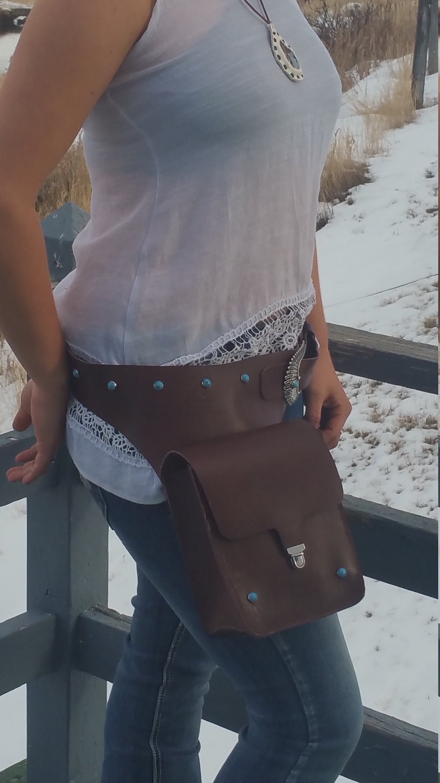 Genuine Leather Made to order holster and purse belt - Western Bag - Genuine Leather Bag with Turquoise Accents - Hips Saddle Leather Bag