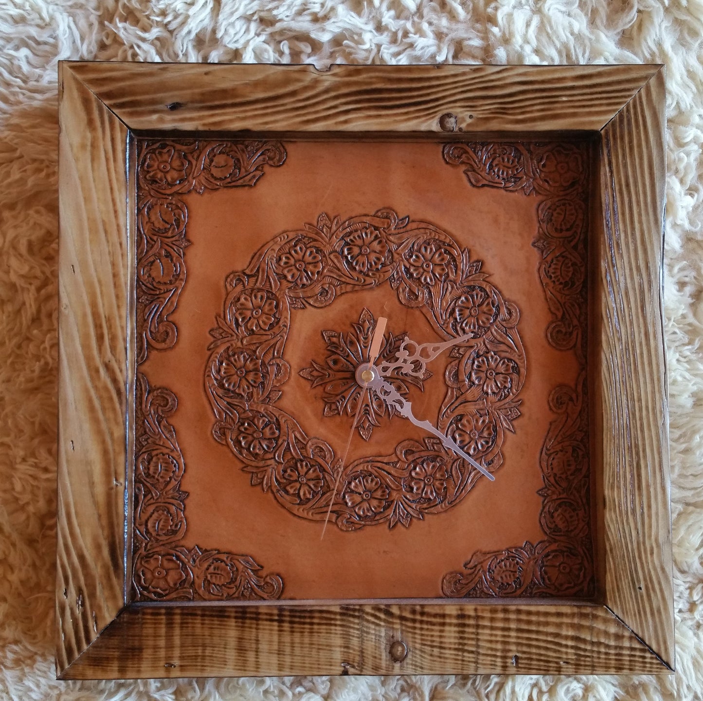 Hand Tooled, Hand Carved Wall Clock with wooden Frame