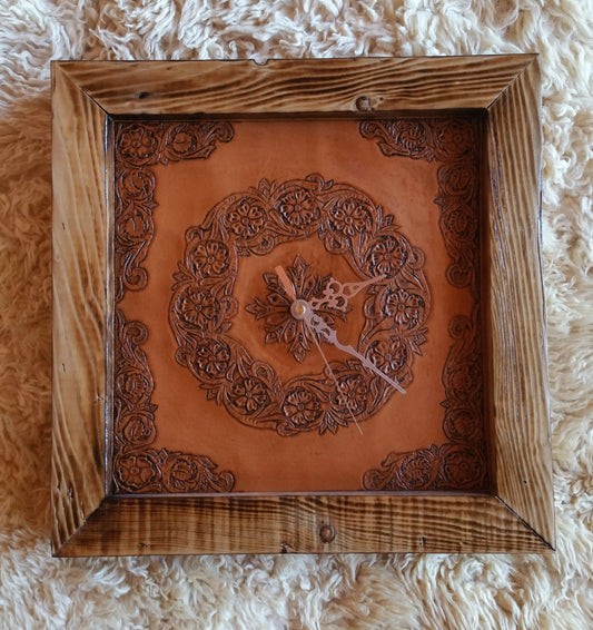 Hand Tooled, Hand Carved Wall Clock with wooden Frame