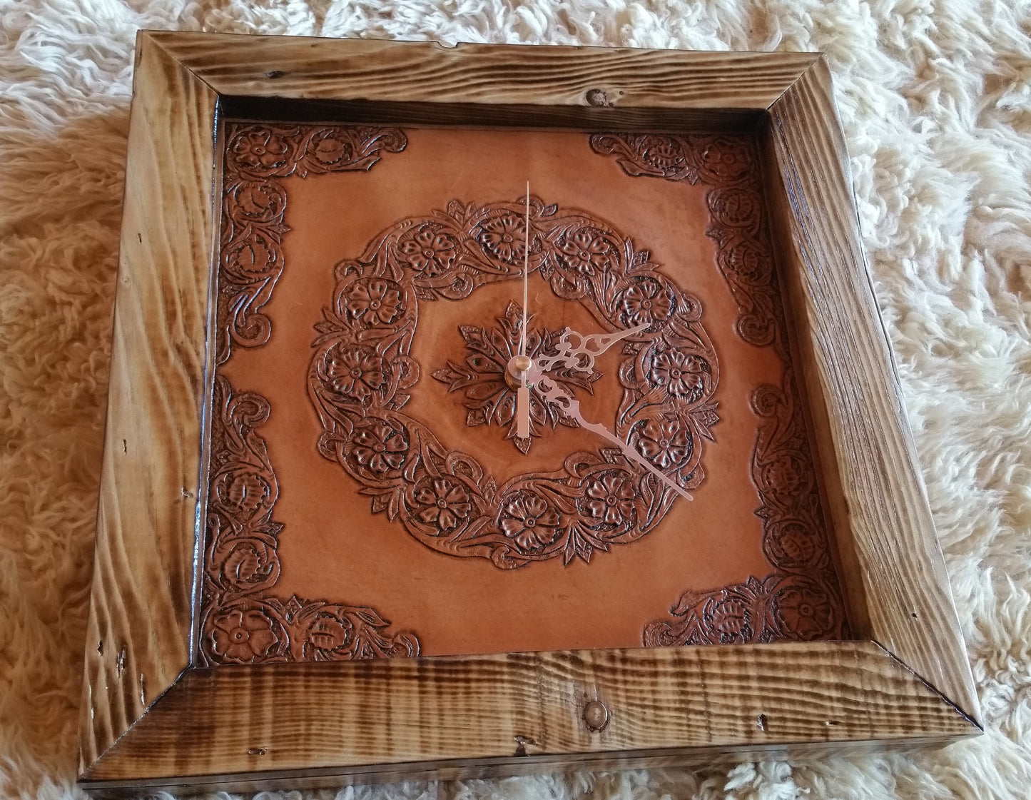 Hand Tooled, Hand Carved Wall Clock with wooden Frame