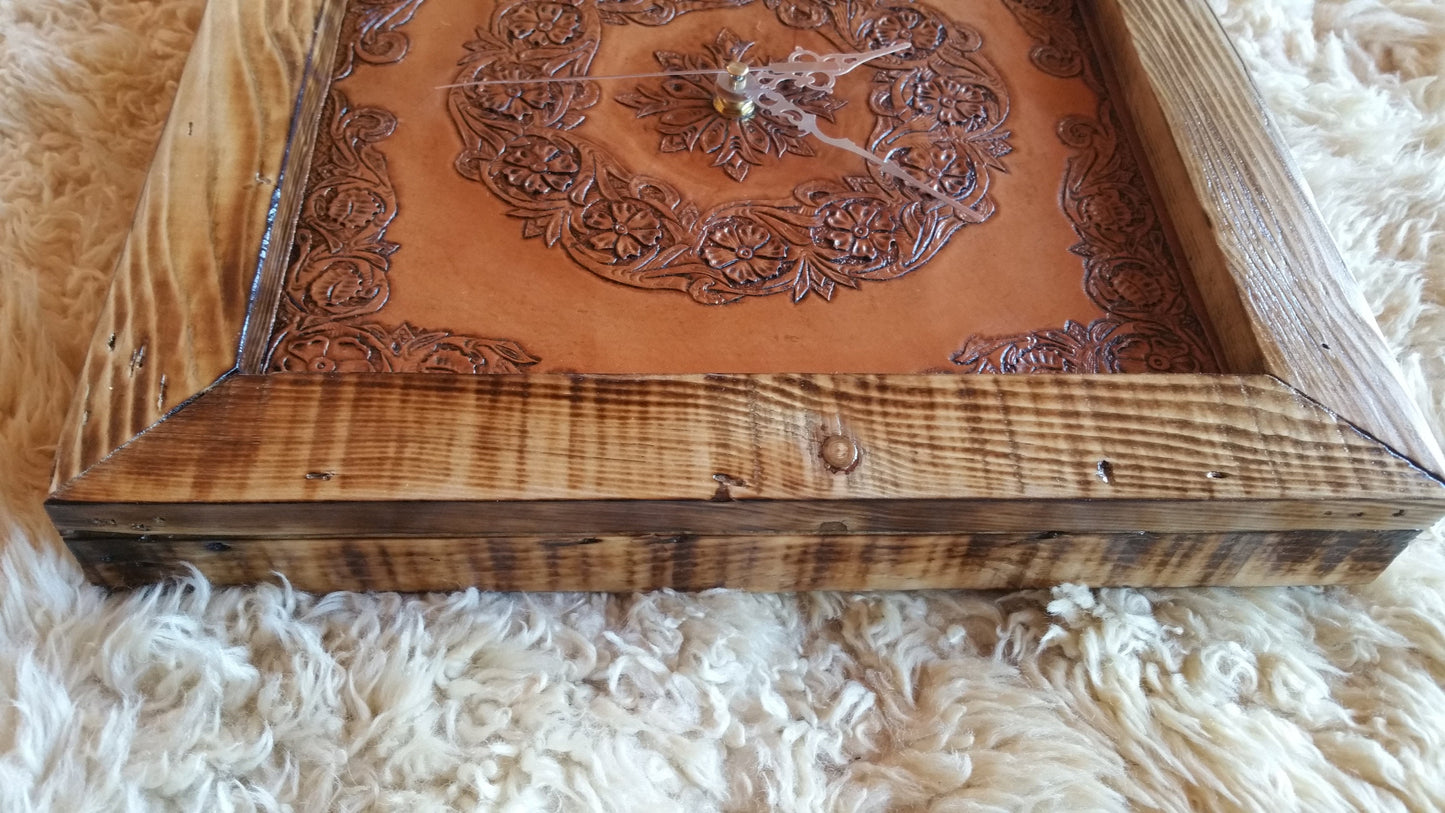 Hand Tooled, Hand Carved Wall Clock with wooden Frame