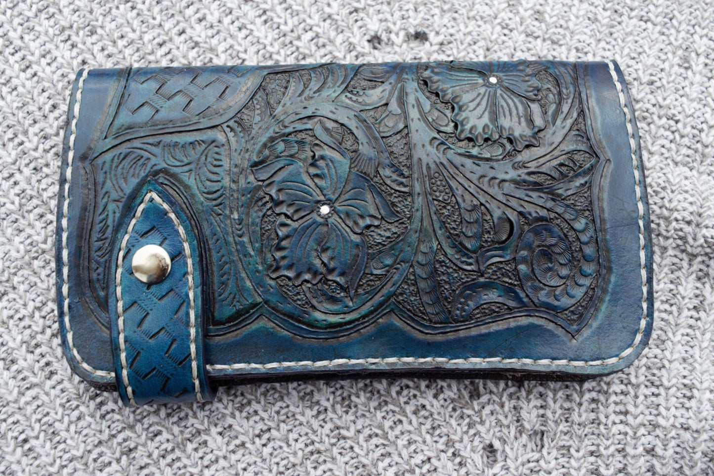 Hand Tooled Leather Wallet | Genuine Cowhide Wallet | Handmade Leather wallet, Hand Stitched in Blue | Women's Wallet