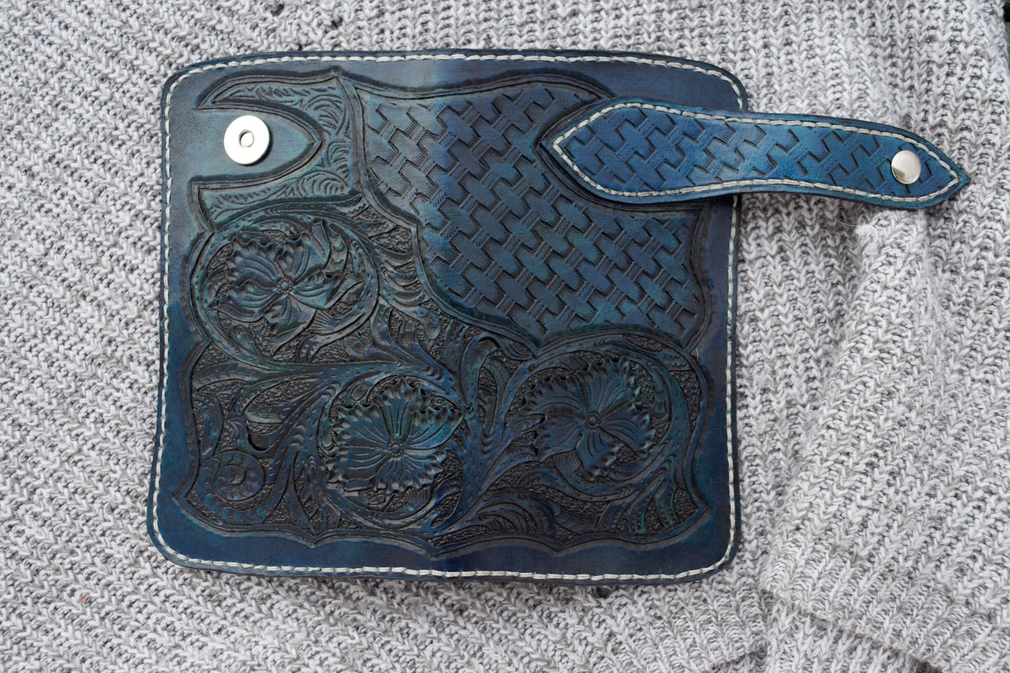 Hand Tooled Leather Wallet | Genuine Cowhide Wallet | Handmade Leather wallet, Hand Stitched in Blue | Women's Wallet