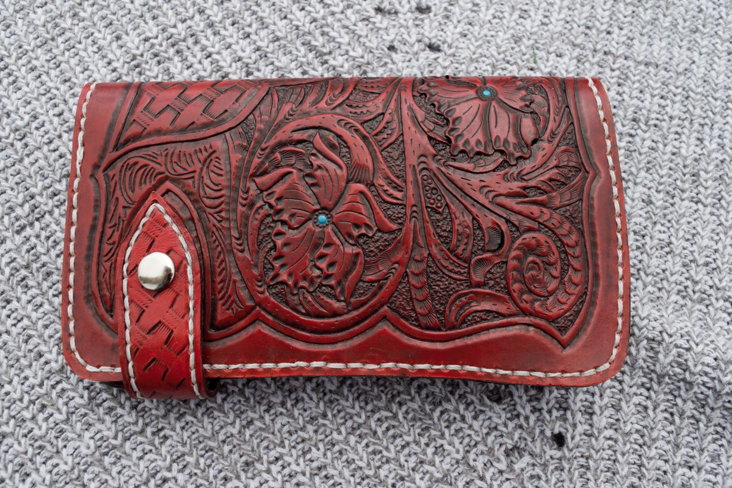 Cowhide Leather Wallet | Hand tooled and doubled hand Stitched and stained in color Red with turquoise painted accents