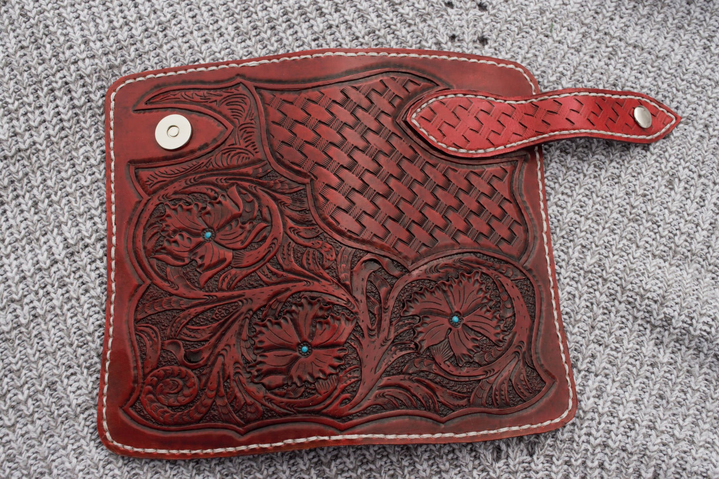 Cowhide Leather Wallet | Hand tooled and doubled hand Stitched and stained in color Red with turquoise painted accents