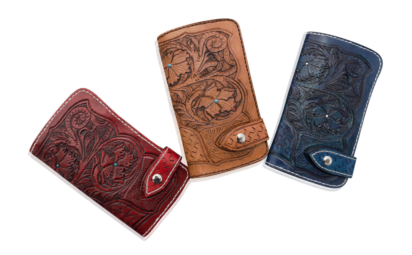 Cowhide Leather Wallet | Hand tooled and doubled hand Stitched and stained in color Red with turquoise painted accents