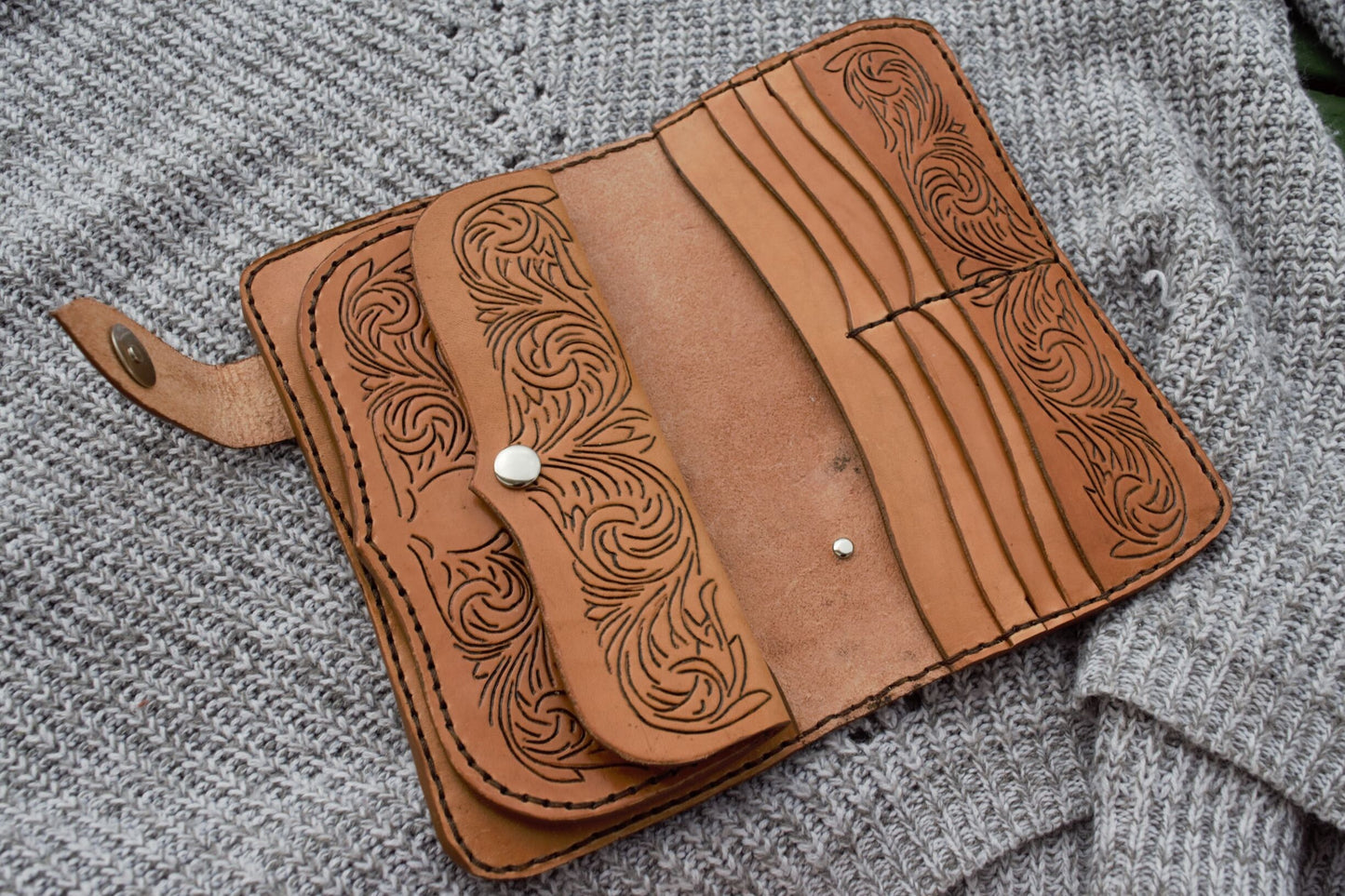 Hand Tooled and Doubled Hand Stitched Ladies Wallet | Handmade Wallets for Women