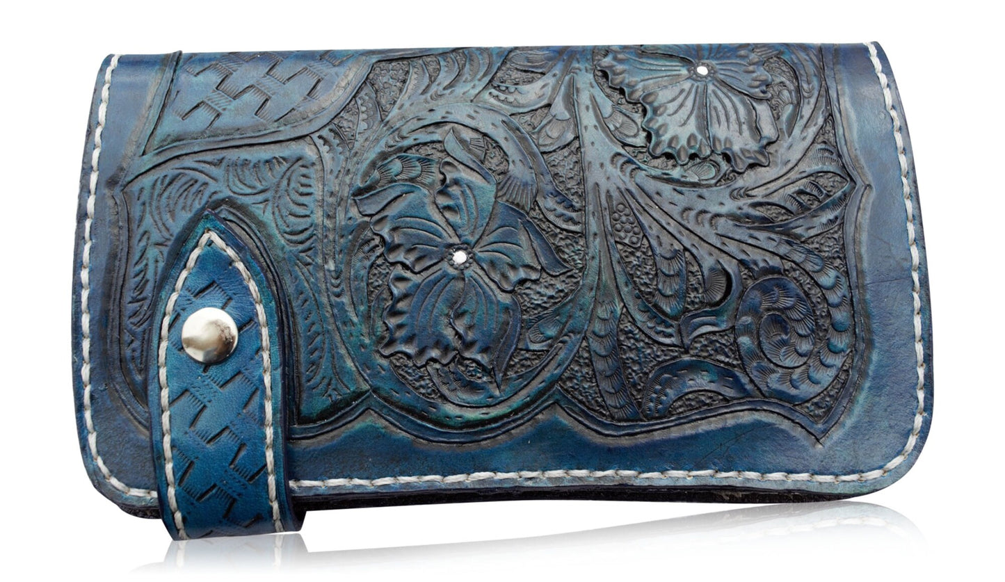 Hand Tooled Leather Wallet | Genuine Cowhide Wallet | Handmade Leather wallet, Hand Stitched in Blue | Women's Wallet