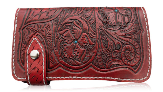 Cowhide Leather Wallet | Hand tooled and doubled hand Stitched and stained in color Red with turquoise painted accents