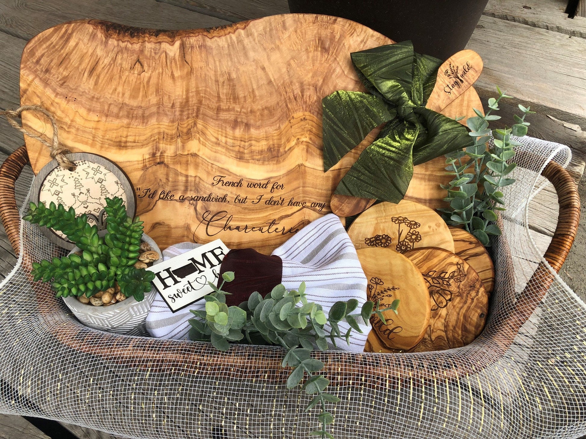 Custom Home Gift Baskets, Personalized Cutting Boards, Coasters