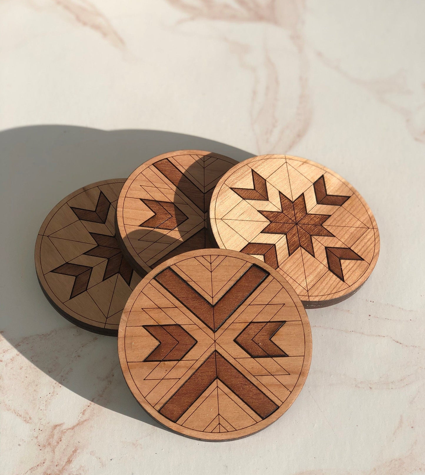 Wood Coaster Set of 4 | Cool Coasters | Modern Coasters in a quilted Pattern