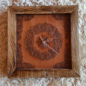 Hand Tooled, Hand Carved Wall Clock with wooden Frame
