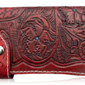 Hand Tooled Cowhide Leather Wallet: Red Floral Design with Turquoise Accent
