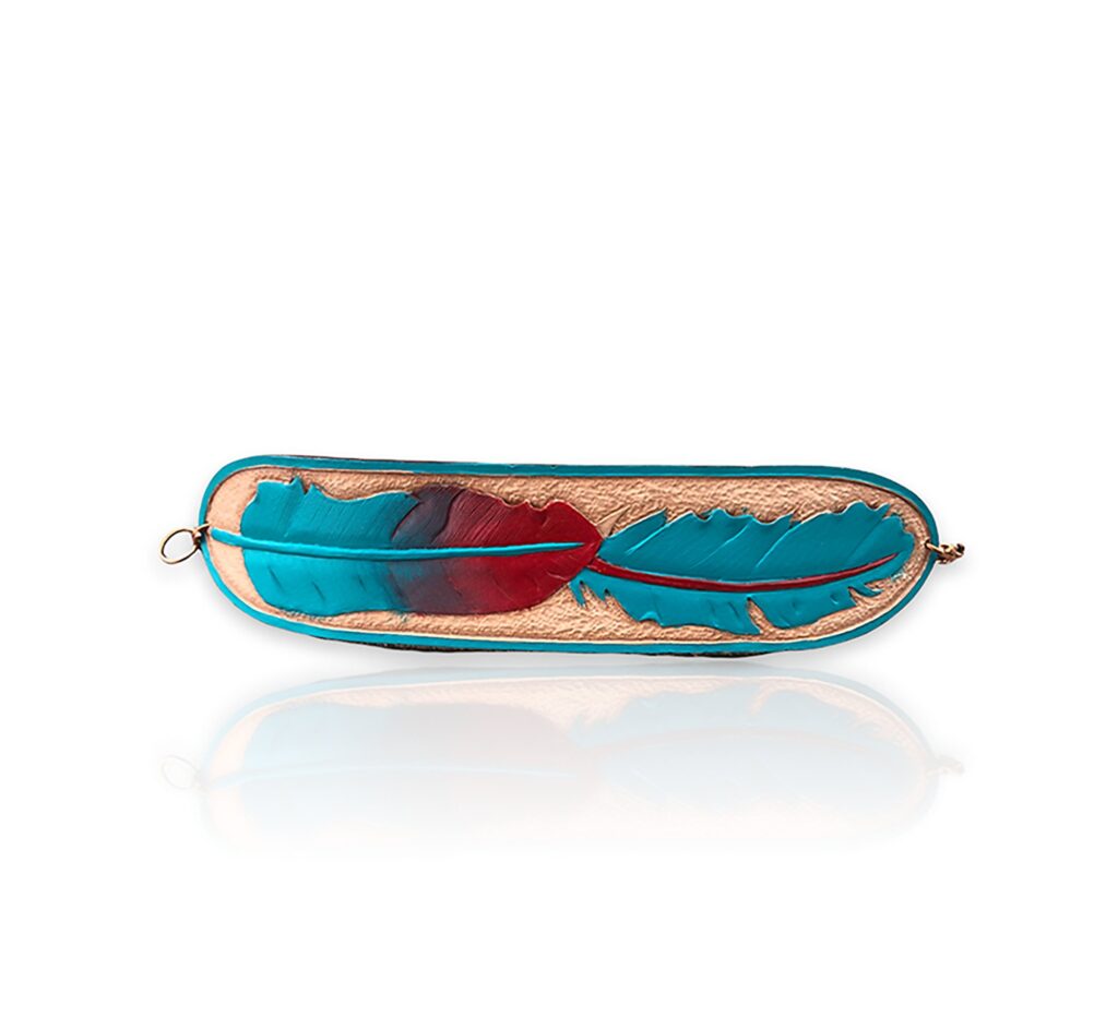 Hand Carved Leather Feather Cuff: Turquoise & Red Painted Bracelet