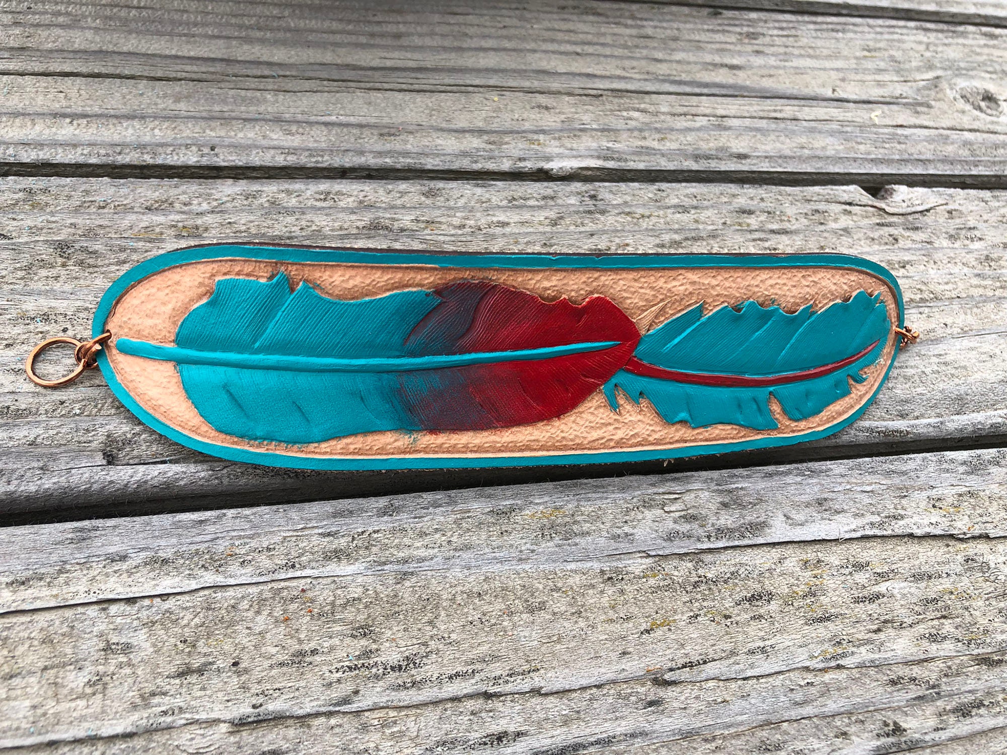 Hand Carved Leather Feather Cuff: Turquoise & Red Painted Bracelet - Image 2