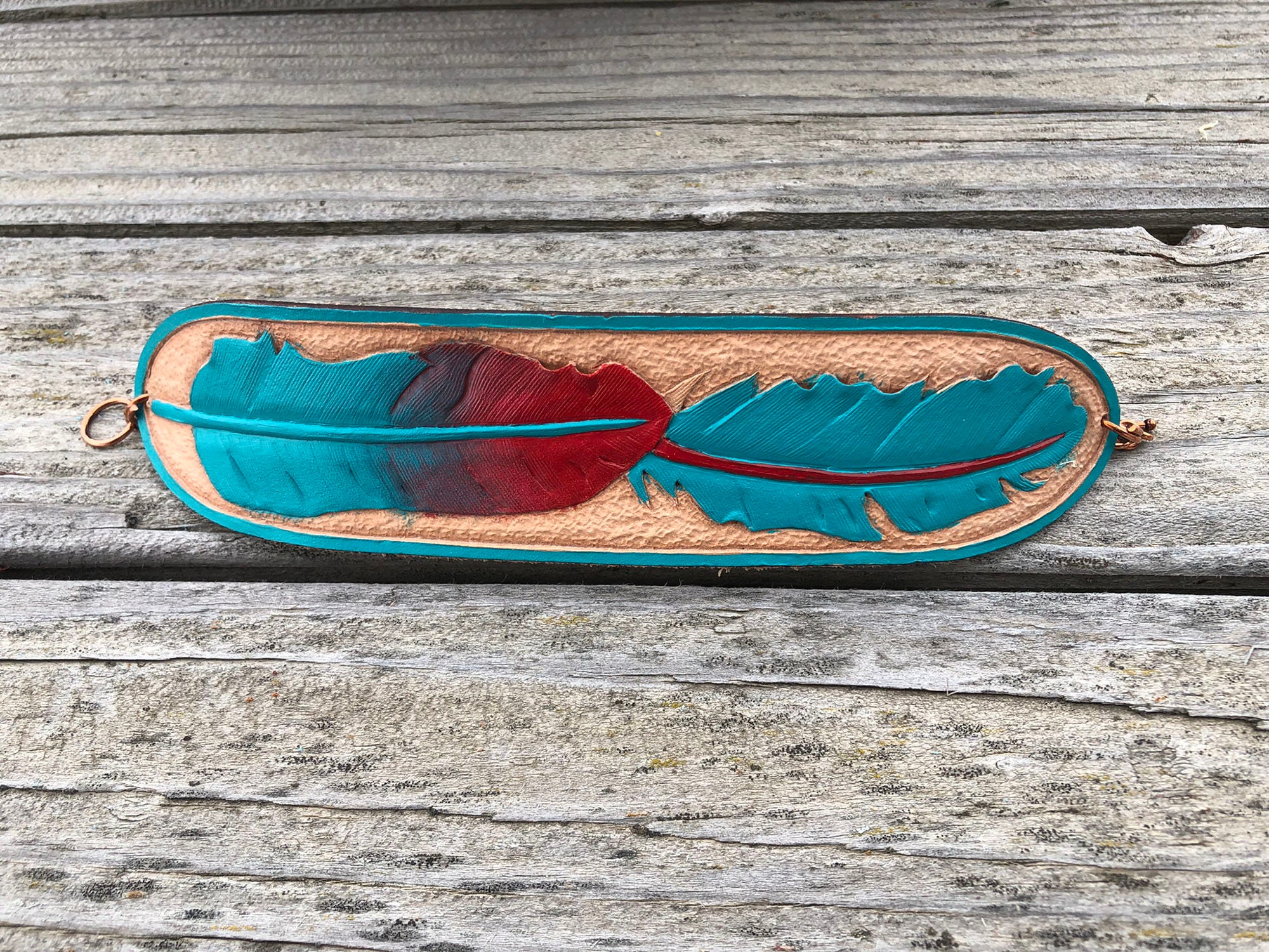 Hand Carved Leather Feather Cuff: Turquoise & Red Painted Bracelet - Image 3