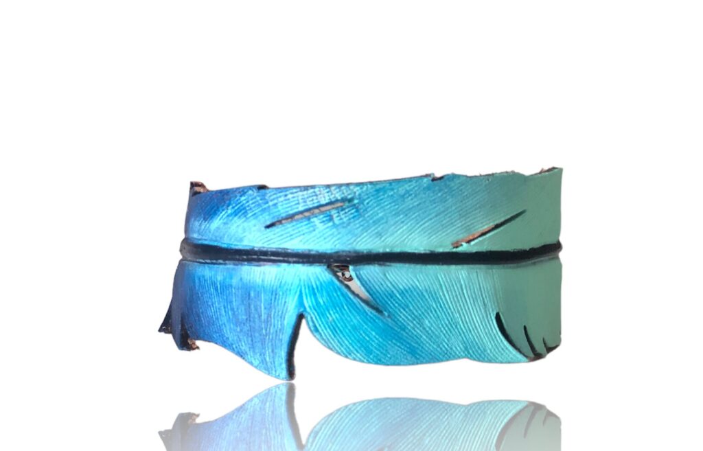 Handmade Leather Feather Bracelet: Mint Lavender Tooling Leather