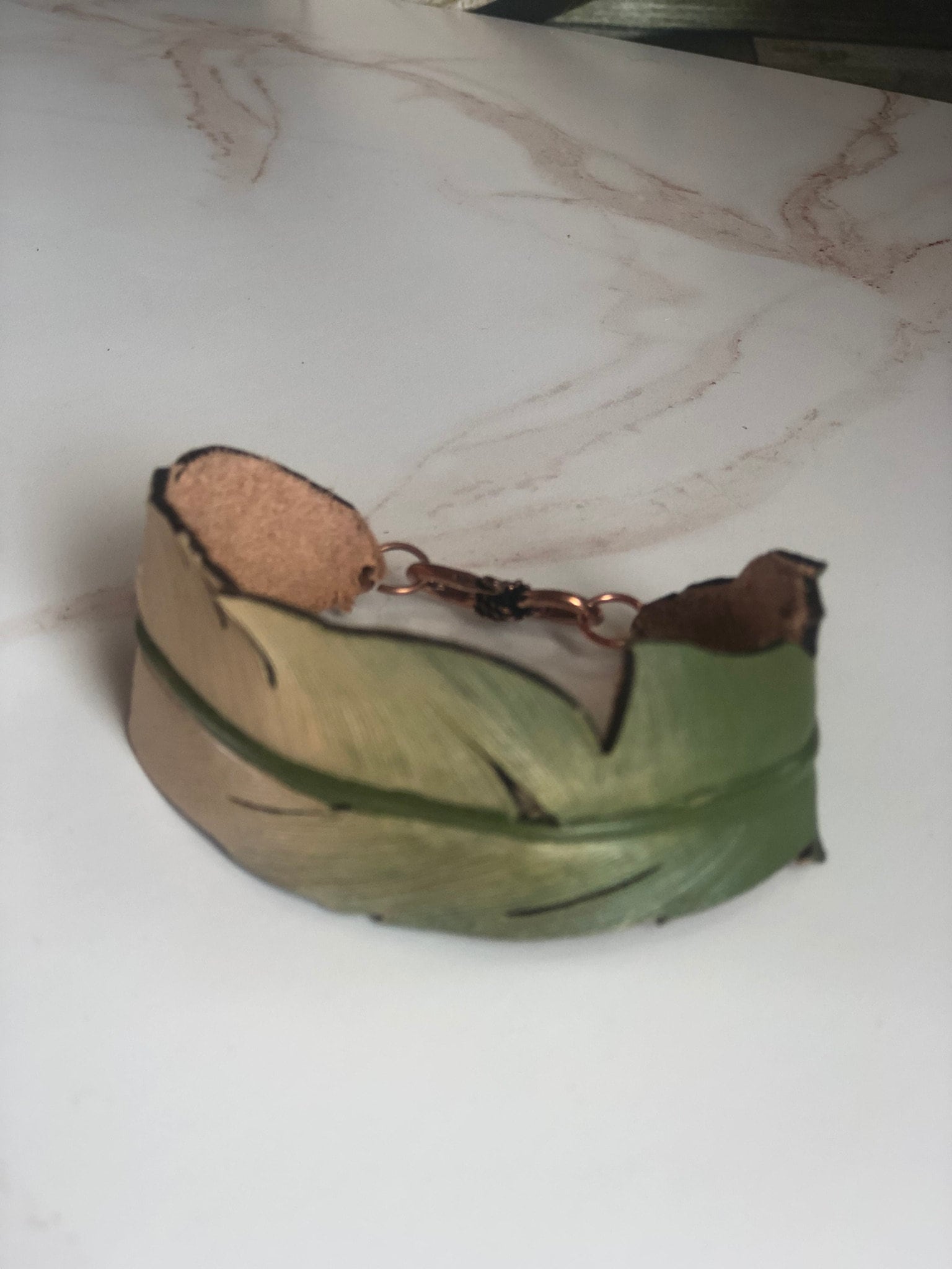 Handmade Leather Feather Bracelet: Mint Lavender Tooling Leather - Image 6