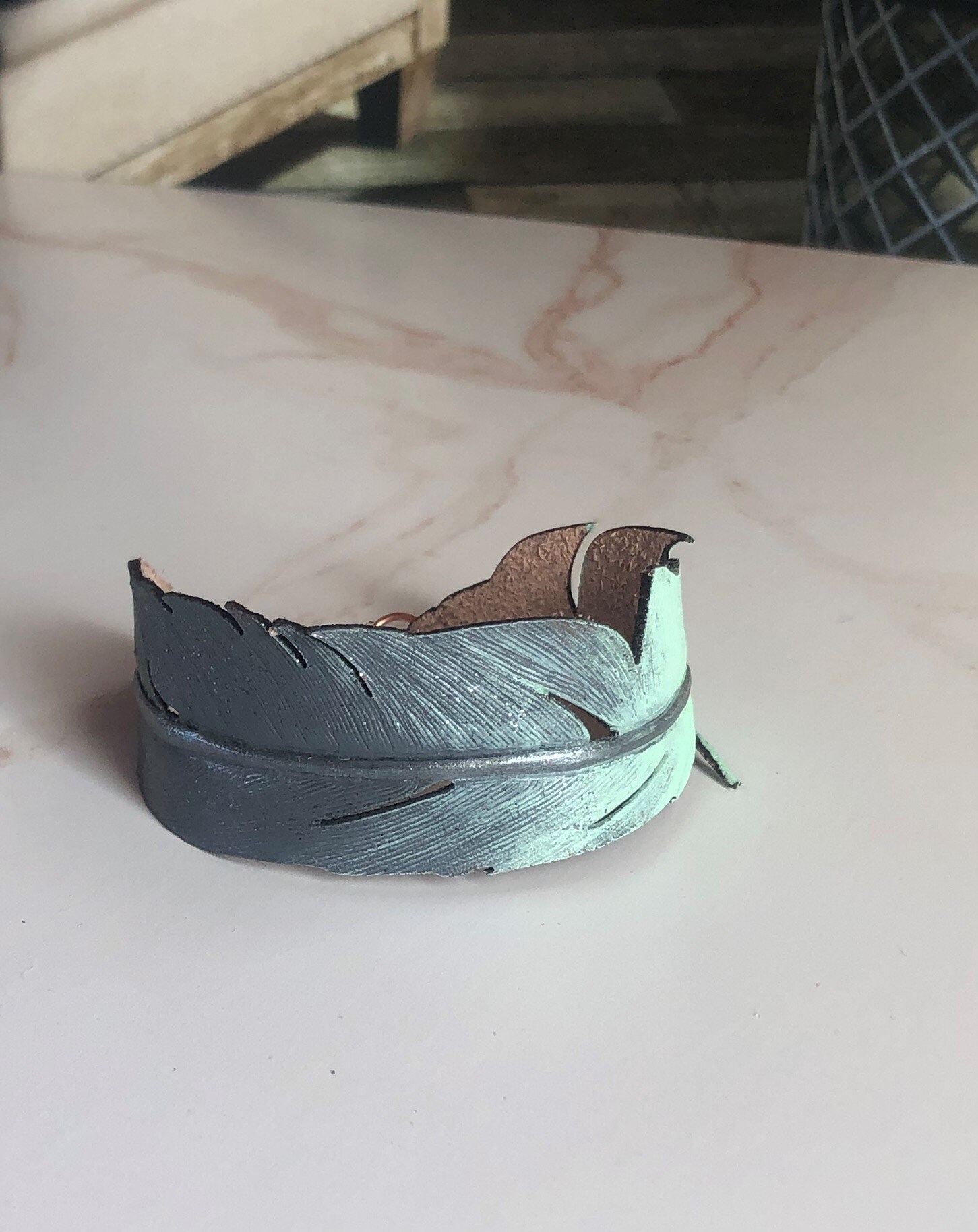 Handmade Leather Feather Bracelet: Mint Lavender Tooling Leather - Image 3