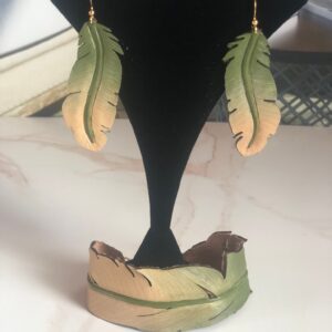 Western Leather Feather Earrings: Hand-Painted Green & Beige
